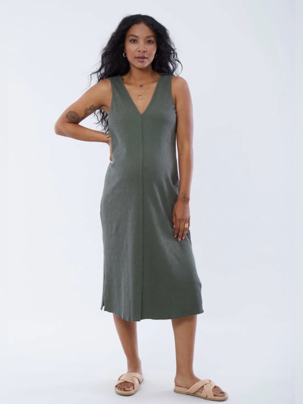 Ingrid and Isabel Maternity Sleeveless V-Neck Midi Dress in Olive Green